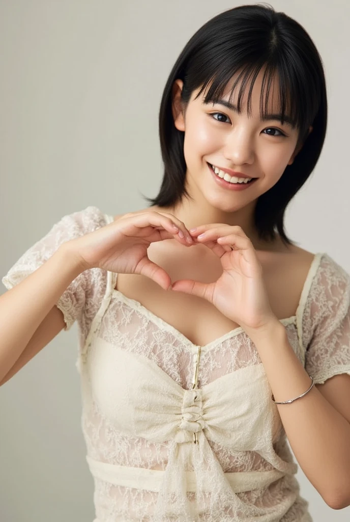 She is in a pose wearing a sexy camisole, making a firm big heart shape with both hands, and holding it in front of her chest, Cute smile up、Monotone background

