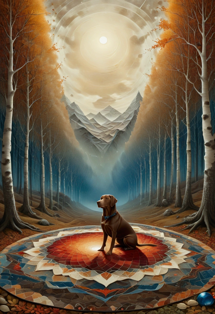 Colorful acrylic art walking, rough dough in the style of Amanda Clark, Jacek Yerka, Benjamin Lacombe and Amanda Sage. Landscape, a wide shot of a clearing of a forest of birch and chestnut trees, late autumn. A woman is sitting with her brown Labrador dog. Sew a wide patchwork blanket, with irregular triangular wefts with warm colors, brown ochre, red. In the background opens a large valley with high snowy mountains, white textures, blue. Solar disk, with irregular rectangular plots. Long field
