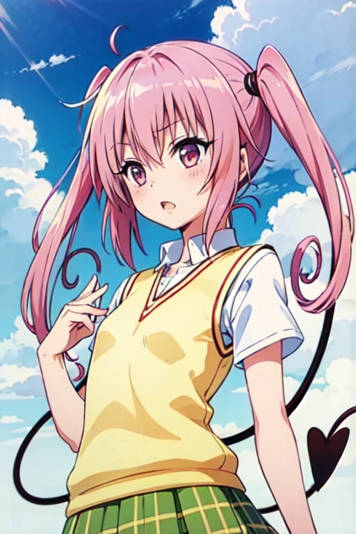 Nana Asta Deviluke, girl、一人の girl、tooth, Long Hair, Pink Eyes, Pink Hair, Tail, demon Tail、twintails,  flat chest,  white shirt , Sweater vest, (Yellow vest:1.1), Short sleeve,  Plaid Skirt ,  green skirt, Short sleeve, highest quality,blush