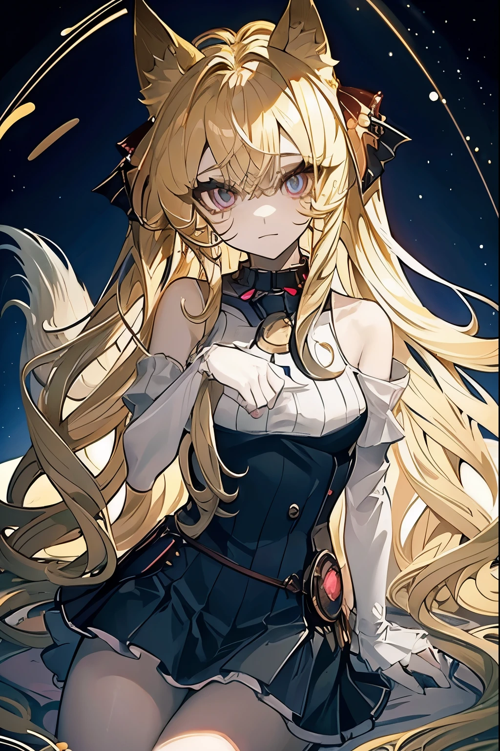 Fox ears,  Fox Tail,  - Girl Sitting on a Boat in the Water, Crystal Glowing Eyes , Sea butterflies , Night Strike ,  Fairy Lights ,  Very Deep Sea ,  Long shiny hair , Night Core, Very ethereal,  Stage Girl Dress .

