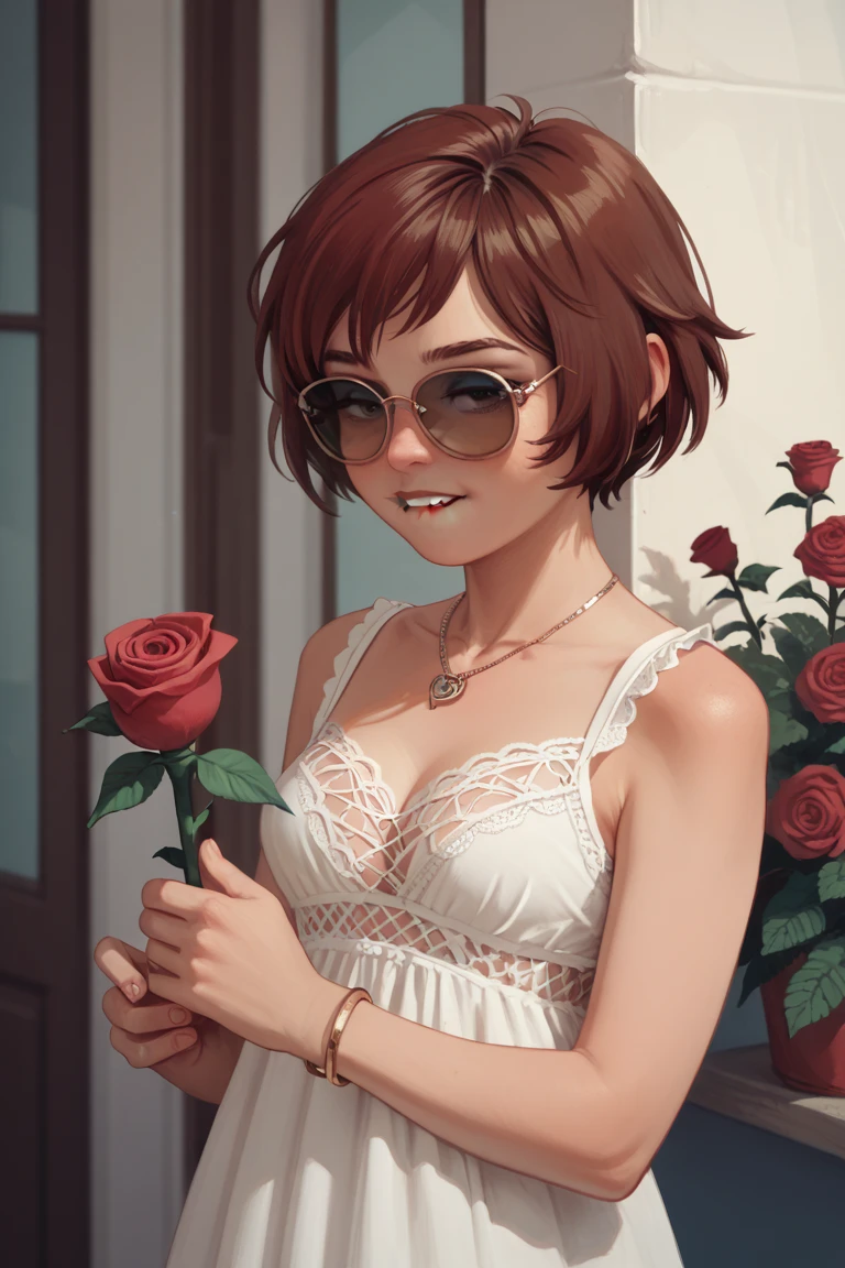 score_9, score_8_up, score_7_up, 1 teenage girl, (short rose hair:1.4),  lace lingerie, (standing casually), (portrait),bracelet,necklace,sunglasses, biting her lip, holding a rose flower