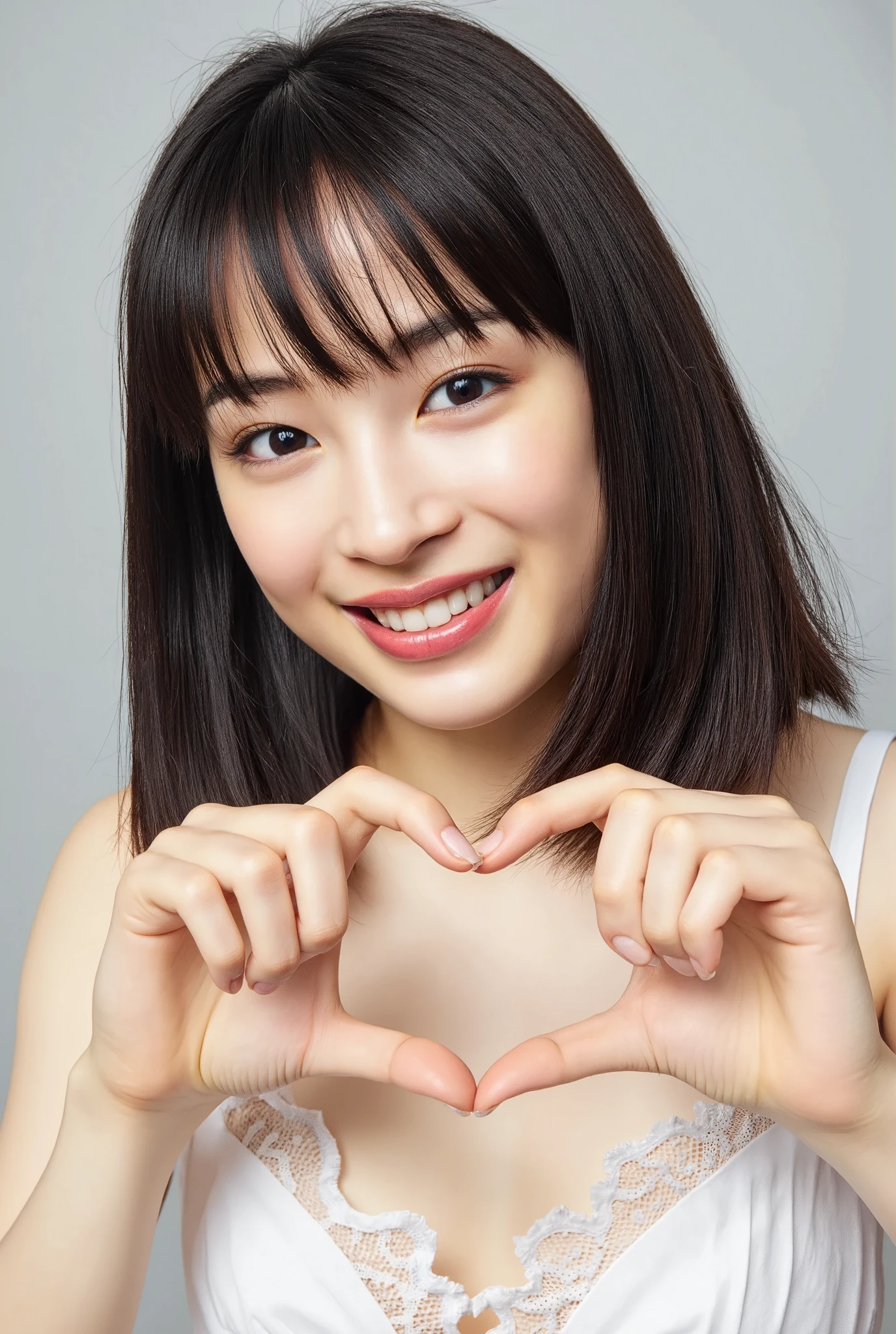 She is in a pose wearing a sexy camisole, making a firm big heart shape with both hands, and holding it in front of her chest, Cute smile up、Monotone background

