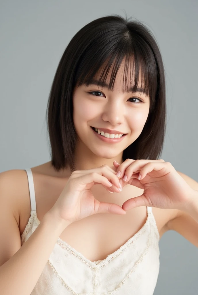 She is in a pose wearing a sexy camisole, making a firm big heart shape with both hands, and holding it in front of her chest, Cute smile up、Monotone background

