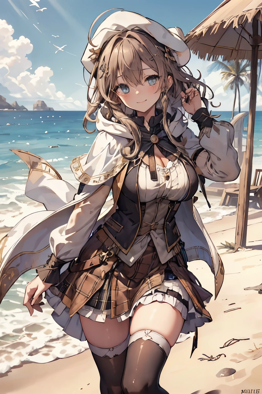 masterpiece, 1girl, sparrow, a brown haired girl, wearing a white medieval priestess clothes, curly medium hair, messy hair, slim body, wearing golden capelet with hoody, he close her left eye, shirt ornament, aqua eyes, sho show her back, ahoge, black vest, baby face, big breast, beautiful breasts, rounded breasts, braid hair, mitre cap, long sleeves, beautiful eyes, white stocking, droopy eyes, miniskirt, brown skirt, plaid skirt, her age is 19 years old, mitre, black mitre, seductive smile, beach