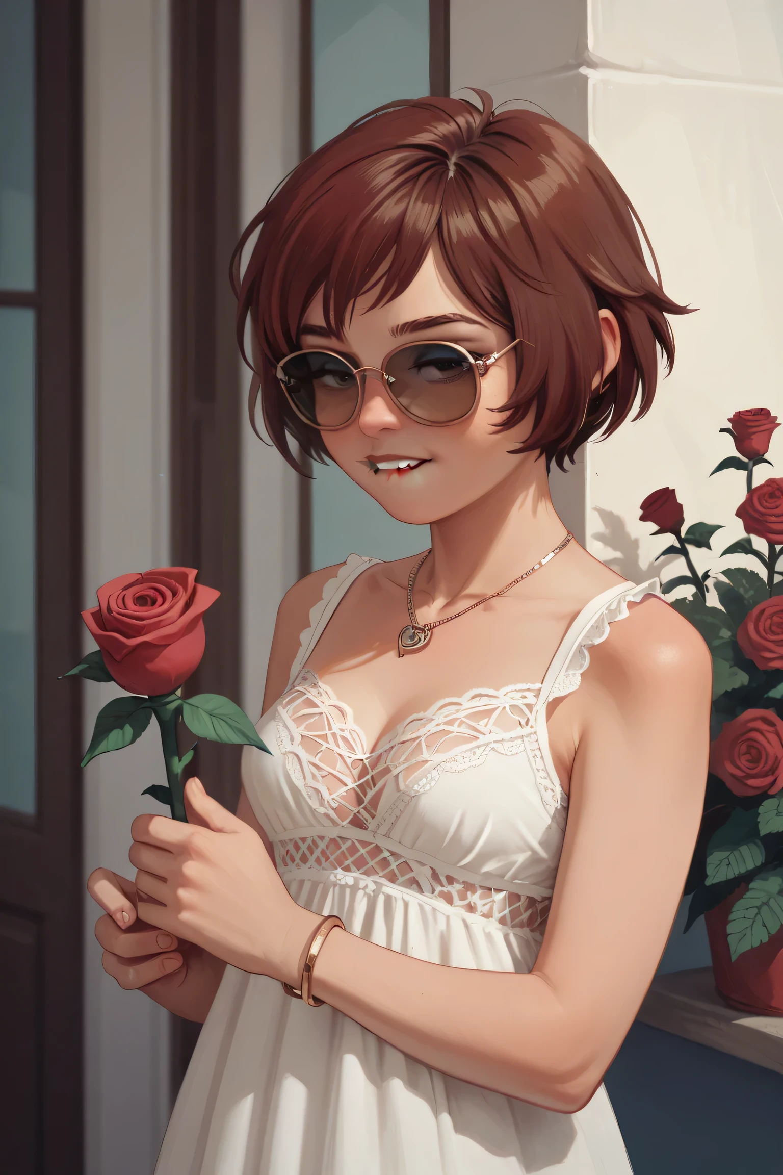 score_9, score_8_up, score_7_up, 1 teenage girl, (short rose hair:1.4),  lace lingerie, (standing casually), (portrait),bracelet,necklace,sunglasses, biting her lip, holding a rose flower