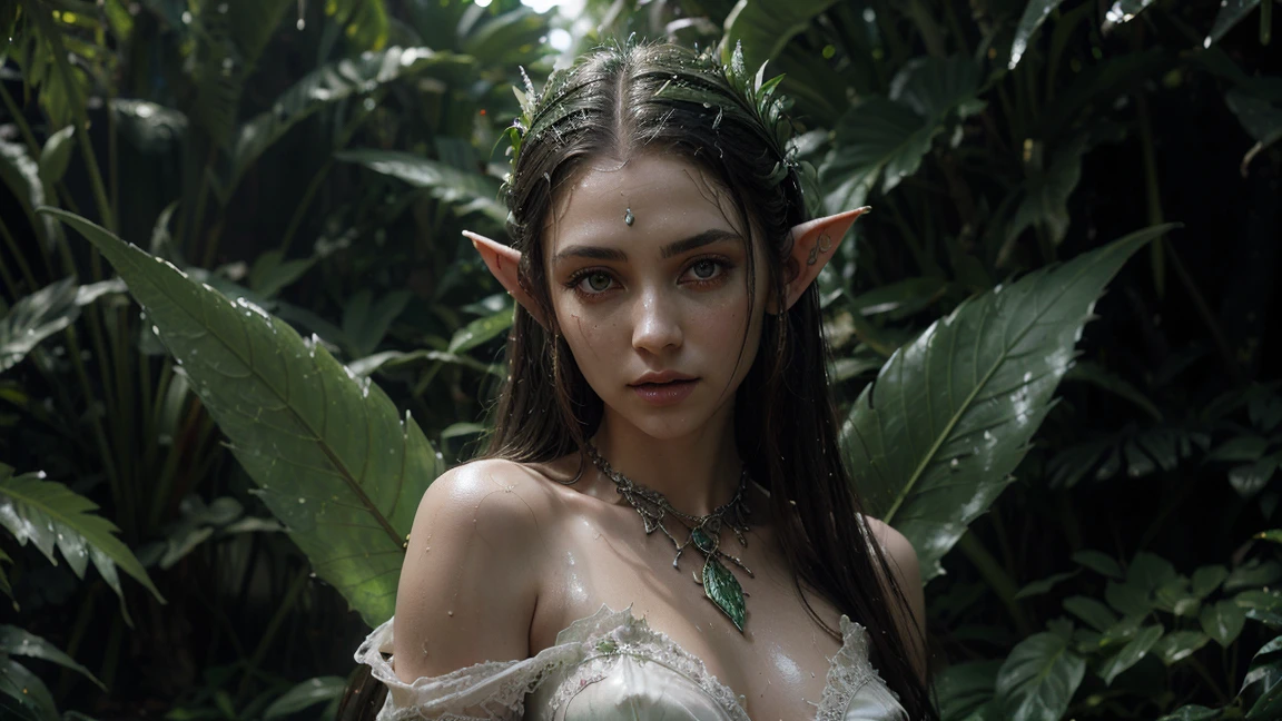 a beautiful elf with pointed ears, wings made of cannabis leaves, wearing wet transparent white clothing, extremely detailed face and eyes, detailed skin texture, ornate fantasy jewelry, lush forest background, warm lighting, cinematic composition, highly detailed, intricate details, digital art, vibrant colors, dramatic lighting, photorealistic