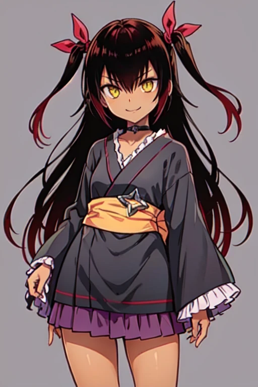 nemesis,best quality, long hair, black hair, two side up, hair ribbon, tan,. dark skin, black choker, frills, japanese black clothes, obi, purple hakama short skirt, standing,evil smile