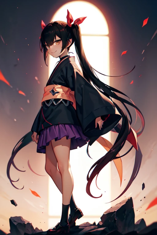 nemesis,best quality, long hair, black hair, two side up, hair ribbon, tan,. dark skin, black choker, frills, japanese black clothes, obi, purple hakama short skirt, standing,evil smile