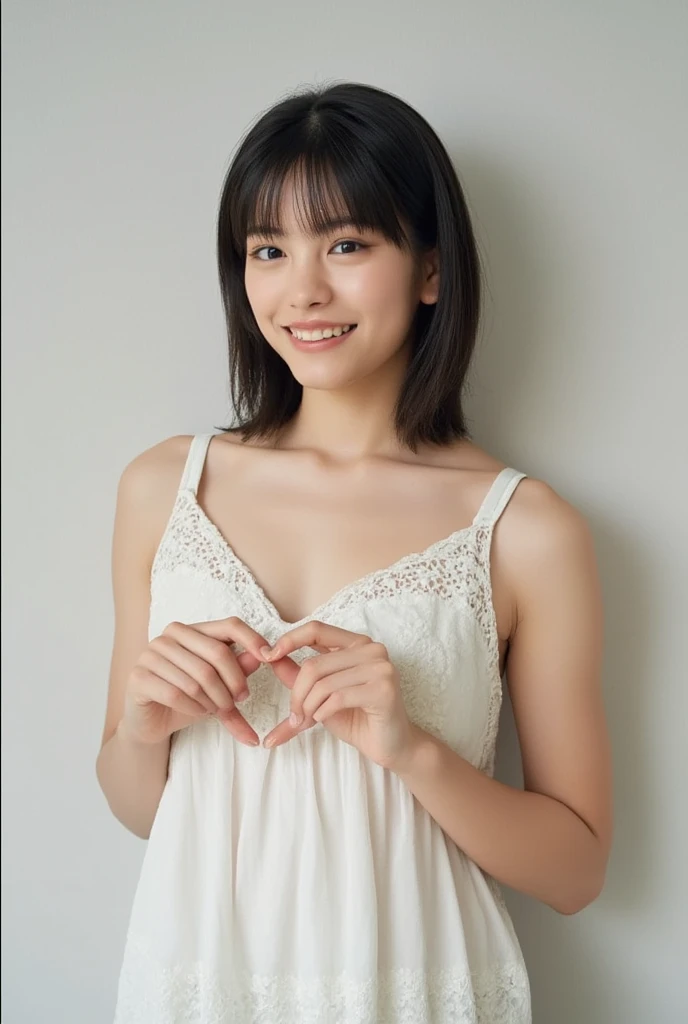 She is in a pose wearing a sexy camisole, making a firm big heart shape with both hands, and holding it in front of her chest, Cute smile up、Monotone background

