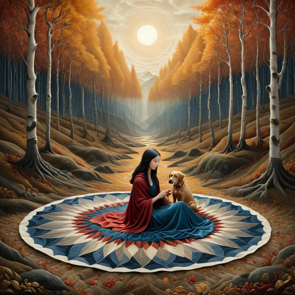 Colorful acrylic art walking, rough dough in the style of Amanda Clark, Jacek Yerka, Benjamin Lacombe and Amanda Sage. Landscape, a wide shot of a woman sitting with her labrador dog, brown, sewing a wide patchwork blanket, with irregular triangular wefts with warm colors, brown ochre, red, in a clearing of a birch and chestnut forest in autumn. In the background large valleys with high snowy mountains, white textures, blue. Solar disk, with irregular rectangular plots. Long field
