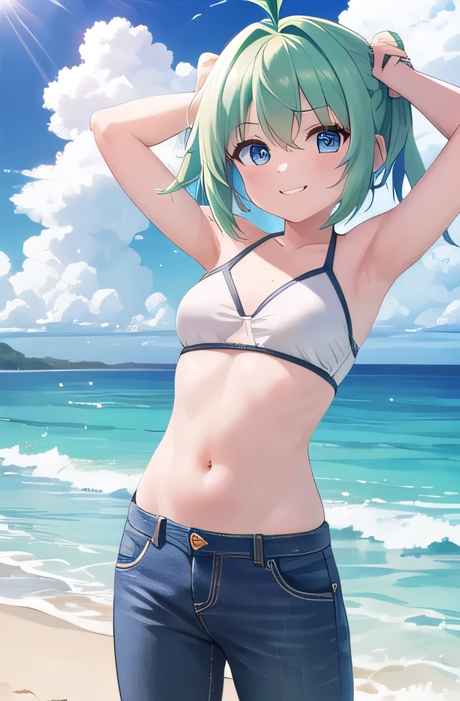 masterpiece,best quality,ultra detail,1girl, 14yo,smile happy,in the beach,sunshine,cloud,low pig tail, antenna hair, blue eyes, light green hair,Raise your arms and behind your head,White teeth,bikini,jeans, wind, midriff peek,