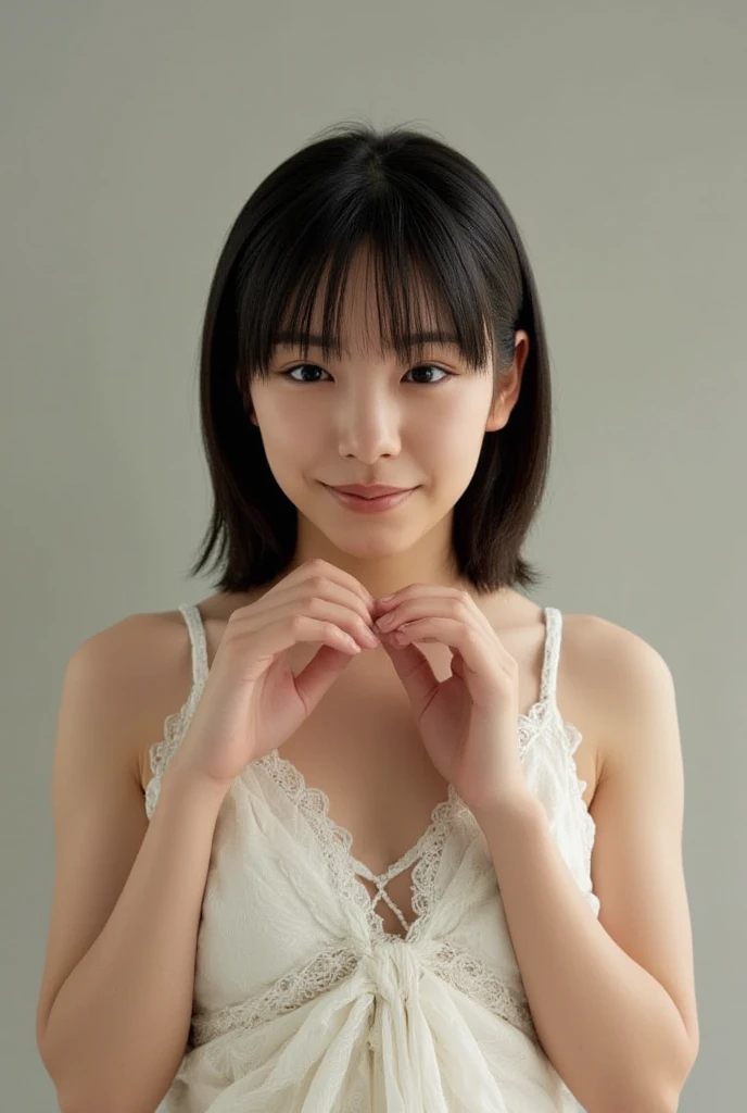 She is in a pose wearing a sexy camisole, making a firm big heart shape with both hands, and holding it in front of her chest, Cute smile up、Monotone background

