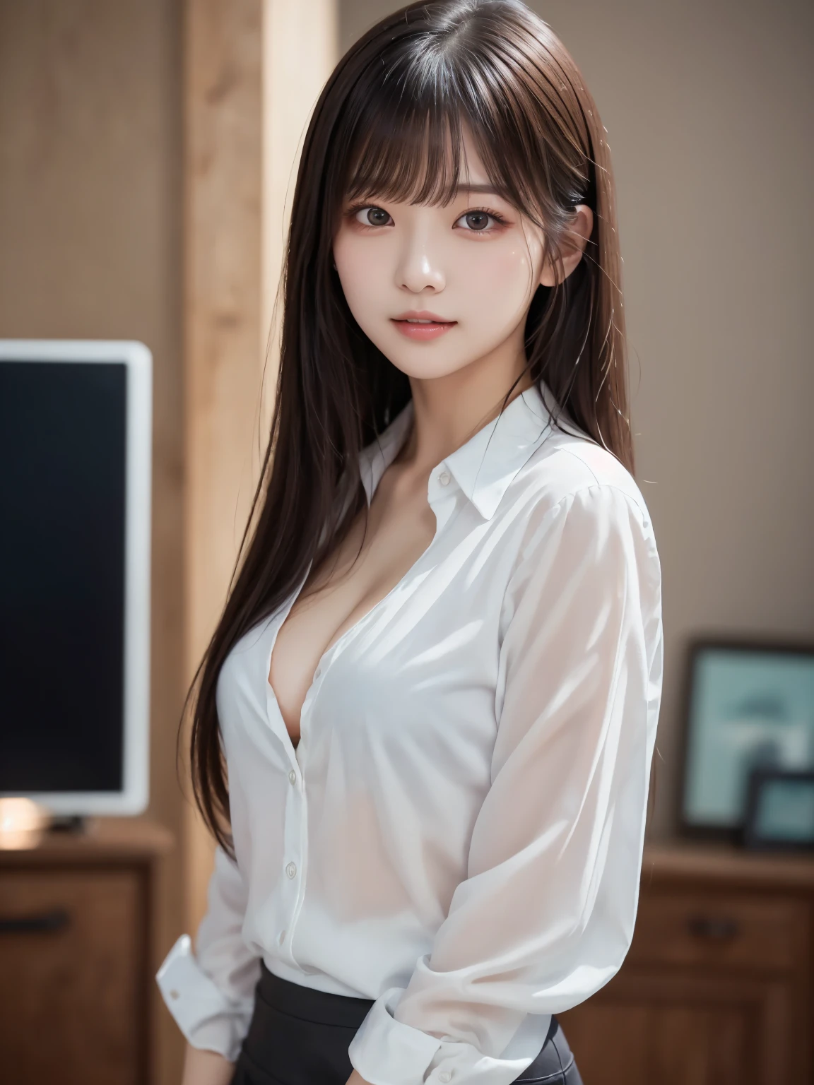  white shirt 、(black mini skirt : 1.2)、Complex and beautiful eyes、woman、 womanらしい黒髪、(Delicate and realistic hair、１Realistic hair)、bangs、 naturally colored lips、smile、((White Indoor))、((18歳woman:1.2))、 young and adorable Japanese faces, Official Art， Highly Detailed CG Unity 8k Wallpaper，（masterpiece:1.0),(Best Quality:1.0), 超 high definition,4K, very detailed, photo shoot, 8k,  NFSDW,  high definition,  Kodak portrait 400 ,  film grain,  lens flare glow ,高いest quality,8k, NFSDW:1.2),  Portrait Shot ,8k、 viewer, (((Front View))), ((facing))、( in the screen are facing forward : 1.5)、Bold cleavage、 firm chest、 small face, Best Quality、 Super beautiful images、(stand up : 1.3)