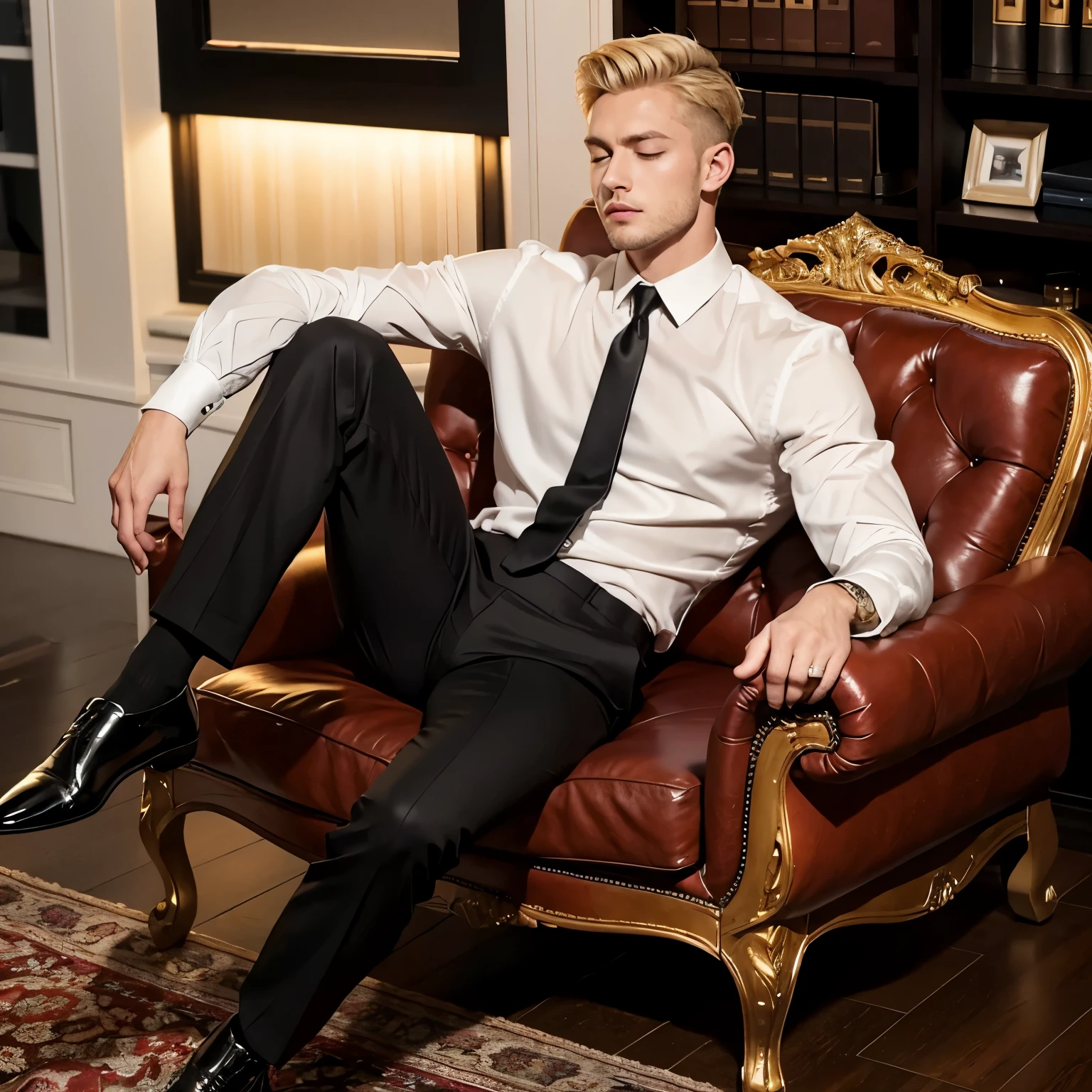 Full large view, young blond preppy haircut man with blond short stylish undercut hair, wearing dapper black suit, white shirt, black luxury silk tie, elegant black shoes, sheer red socks, university gold ring with a ruby, sleeping soundly lying on his black leather armchair with closed eyes, front desk , his luxurious office is well equipped with state-of-the-art equipment, highly realistic style