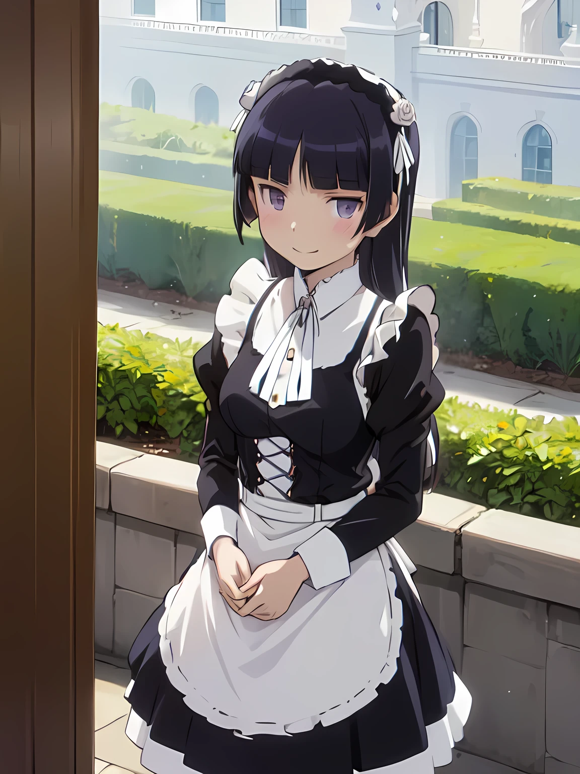 ((A bouquet of white roses)), palace, garden, Warm Tones, Gentle smile, (ruri gokou), woman, Alone, Black Hair , hime cut, Long Hair, (Maid uniform),