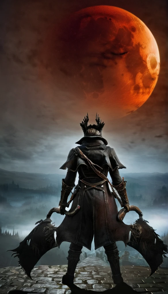 a bloodborne-like hunter ,  from behind,   background , lunar eclipse、 dark fantasy art,  best quality ,   wide shot , Ultra Wide Angle, 