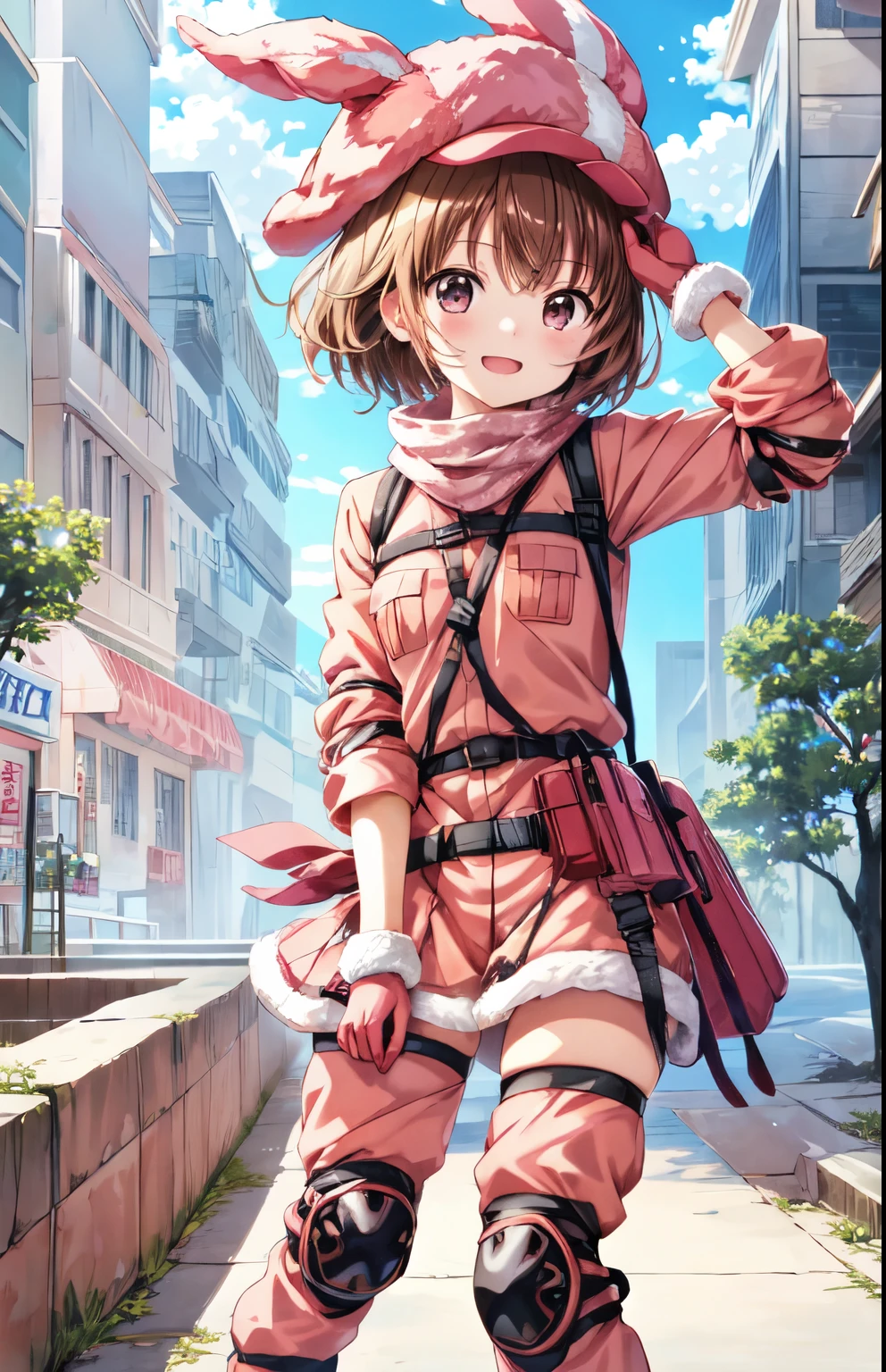 Best Quality,  ultra high resolution, Maximum resolution,Chibi、Fluffy、( anime illustration style:1.5), one girl playing pranks、プレゼントはRen、 1 girl,Ren,city,Ruins,, jacket,(pants:1.1),Knee pads,camouflage, fur trim,Gloves,strap, short hair,Animal hats,Read to your audience, closed mouth、smile, I have a pink gun, 