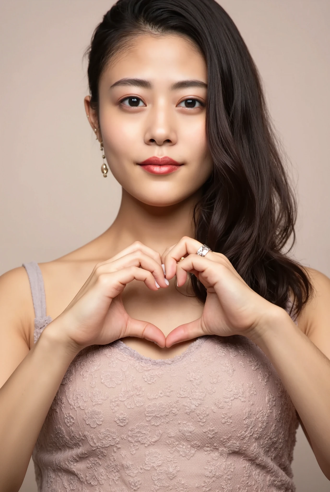 She is in a pose wearing a sexy camisole, making a firm big heart shape with both hands, and holding it in front of her chest, Cute smile up、Monotone background

