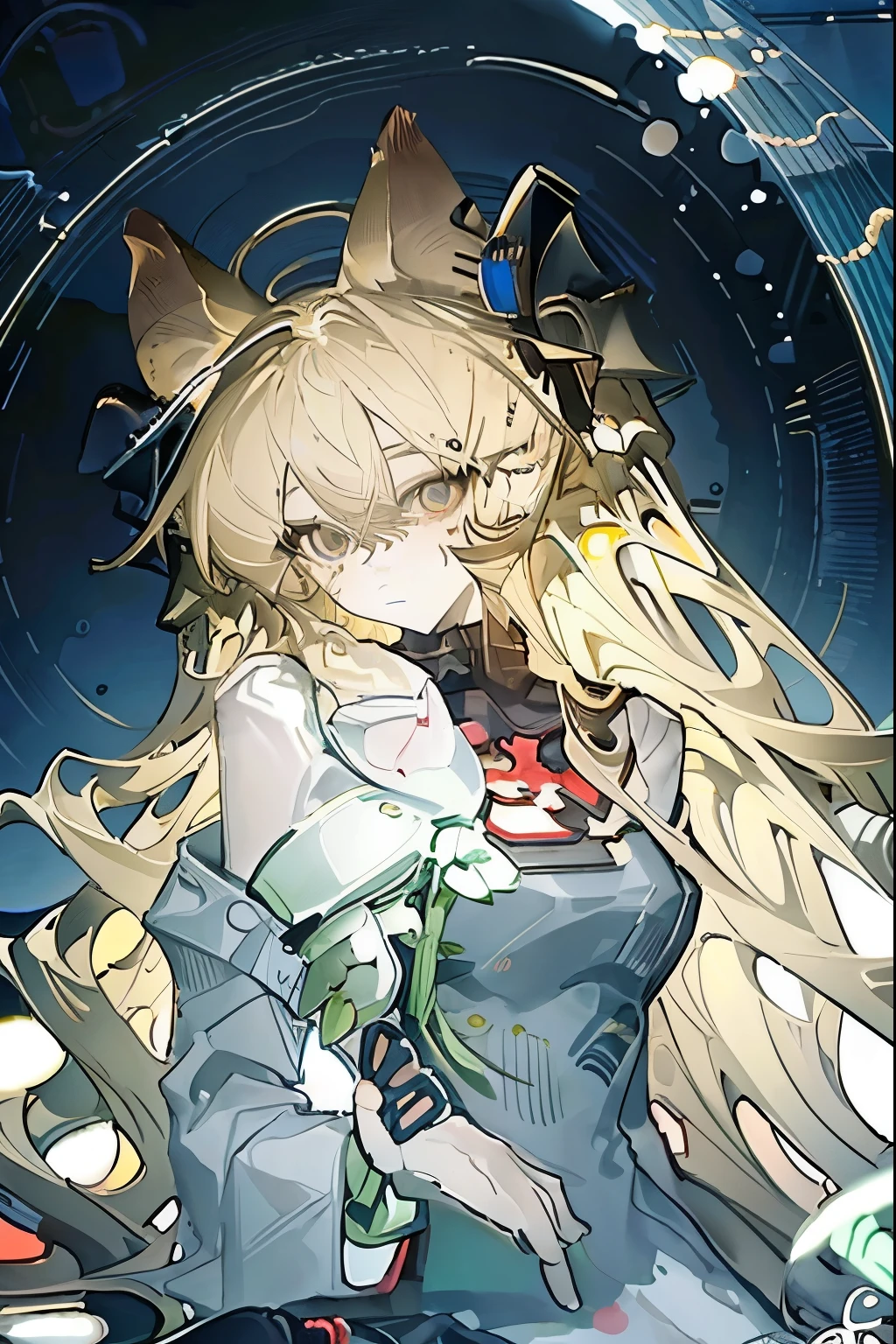 Fox ears,  Fox Tail,  - Girl Sitting on a Boat in the Water, Crystal Glowing Eyes , Sea butterflies , Night Strike ,  Fairy Lights ,  Very Deep Sea ,  Long shiny hair , Night Core, Very ethereal,  Stage Girl Dress .

