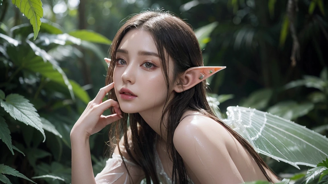 a beautiful elf with pointed ears, wings made of cannabis leaves, wearing wet transparent white clothing, extremely detailed face and eyes, detailed skin texture, ornate fantasy jewelry, lush forest background, warm lighting, cinematic composition, highly detailed, intricate details, digital art, vibrant colors, dramatic lighting, photorealistic