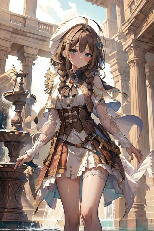 masterpiece,  1 girl, Sparrow, Brown Hair Girl,  wears white medieval priest clothes , Curly Medium Hair, My hair is messy,  slender body , I'm wearing a golden capelet and hood、Decoration on shirt, Aqua Eye, Ahoge, Black vest, baby face,,  Beautiful breasts, Rounded breasts,   hair with braids, Mithra cap,  long sleeve ,  beautiful eyes,  white stockings, Droopy eyes,   miniskirt in length,  brown skirt ,  Plaid Skirt ,  she's 19 years old , Mithra, black Mithra,  charming smile in a crowd, In front of the fountain