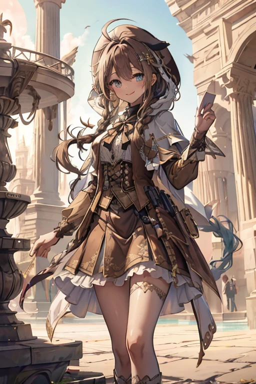 masterpiece,  1 girl, Sparrow, Brown Hair Girl,  wears white medieval priest clothes , Curly Medium Hair, My hair is messy,  slender body , I'm wearing a golden capelet and hood、Decoration on shirt, Aqua Eye, Ahoge, Black vest, baby face,,  Beautiful breasts, Rounded breasts,   hair with braids, Mithra cap,  long sleeve ,  beautiful eyes,  white stockings, Droopy eyes,   miniskirt in length,  brown skirt ,  Plaid Skirt ,  she's 19 years old , Mithra, black Mithra,  charming smile in a crowd, In front of the fountain