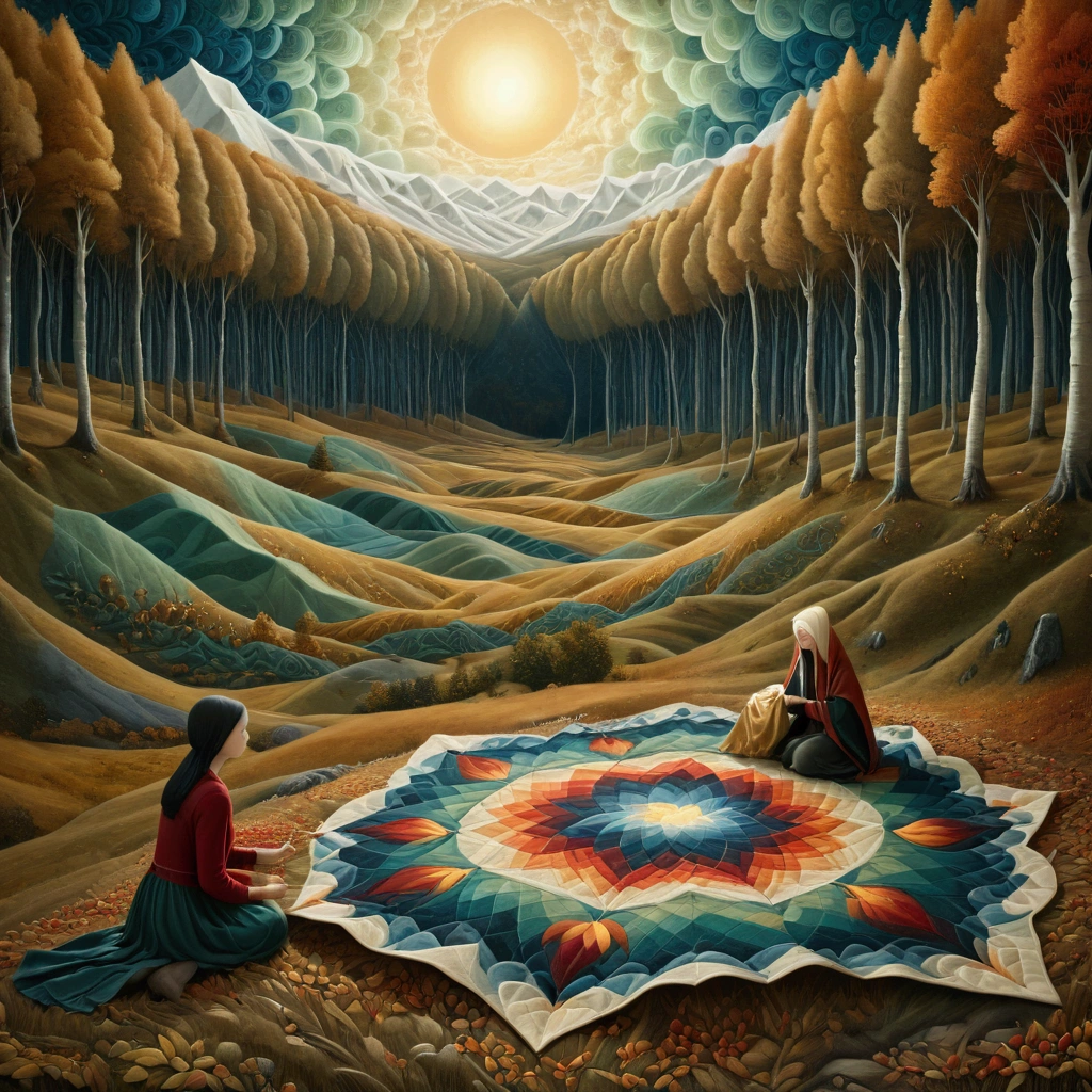 Colorful acrylic art walking, rough dough in the style ofAmanda Clark, Jacek Yerka, Benjamin Lacombe and Amanda Sage. Landscape, a wide shot of a woman, sewing a wide patchwork blanket, with irregular triangular wefts with warm colors, brown ochre, red, sitting with her labrador dog, brown, in a clearing of a birch and chestnut forest in autumn. In the background large valleys with high snowy mountains, white, blue, green textures, . Solar disk, with irregular rectangular plots. Long field
