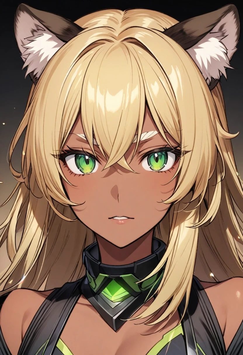 xilonen-gi, green eyes,blonde hair,animal ears,leopard girl, dark-skinned female,