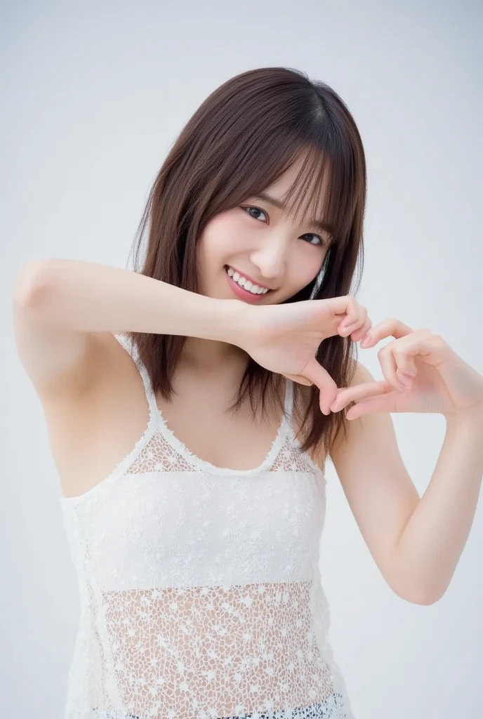 She is in a pose wearing a sexy camisole, making a firm big heart shape with both hands, and holding it in front of her chest, Cute smile up、Monotone background

