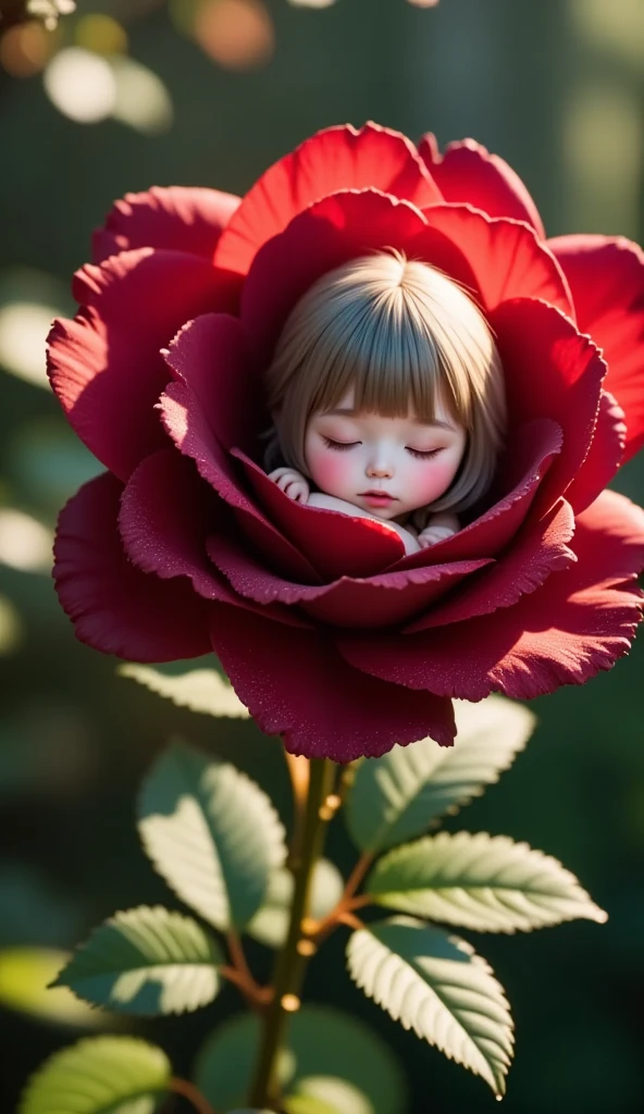 VERY DETAILED RED ROSE 、 A fairy is sleeping inside a rose flower、(((Little fairy、Cute sleeping face、The fairy who sleeps in a circle、cute petal clothes、Full body angle:1.37)))、Mysterious、Morning Dew、