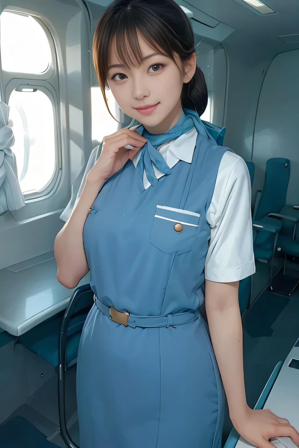 (masterpiece:1.2, Best Quality:1.2), 32kHDR,  high definition, (Alone、 1 girl)、（Rooftop of a building during the day、 professional lighting）、Building rooftop background、（ Realistic Style Japan Air System Flight Attendant Uniform Blue ）、（（Japan Airlines System Flight Attendant Uniform Blue Jumper Skirt with Pockets and Buttons on Both Sides、 white short sleeve blouse  、 Light Blue Vest with Waist 、Scarf around the neck））、Dark brown hair、（Long Hair、Hair tied up、Hair tied up）、Dark brown hair、Long Hit、Big Breasts、Thin legs、（（Great hands：2.0）），（（ Harmonious Body Proportions ：1.5）），（（Normal limbs：2.0）），（（Usually refers to：2.0）），（（ Delicate Eyes ：2.0）），（（Normal eyes：2.0））)、smile、（Japan air system cabincrew uniform blueを見せた美しい立ち姿）、Hands crossed underneath 