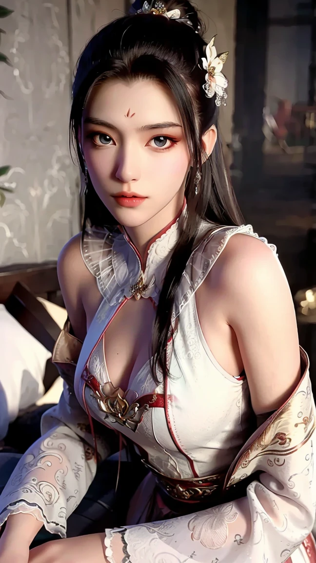 a beautiful young woman with long hair, wearing a nightgown, sitting on a bed, barefoot, in a dress, lying on her side, cross-legged, full body shot, (best quality,4k,8k,highres,masterpiece:1.2),ultra-detailed,(realistic,photorealistic,photo-realistic:1.37),beautiful detailed eyes,beautiful detailed lips,extremely detailed eyes and face,longeyelashes,natural lighting,warm tones,soft focus,portraits,chiaroscuro,depth of field