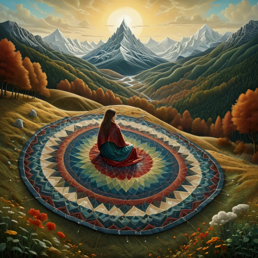 Colorful acrylic art walking, rough dough in the style ofAmanda Clark, Jacek Yerka, Benjamin Lacombe and Amanda Sage. In a clear autumn clearing, a woman is sewing a large patchwork blanket with irregular triangular wefts in warm colors, brown ochre and red. In the background large valleys with high snowy mountains, white, blue, green textures . Solar disk, with irregular rectangular plots. Long field