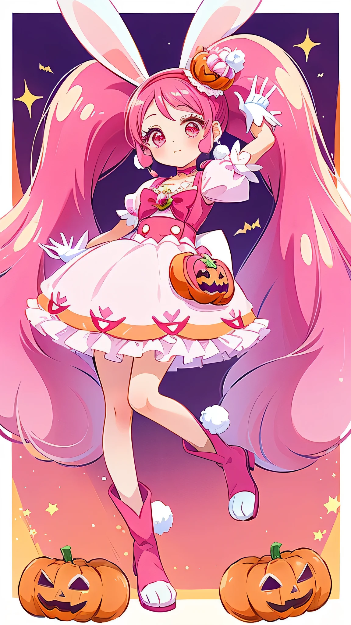 (Halloween:1.5),a cartoon image of an anime girls wearing a pink skirt and a pink hood, 1girl, solo, gloves, pom pom (clothes), rabbit ears, animal ears, white gloves, pink hair, long hair, twintails, magical girl, jewelry, choker, pink choker, full body, hair ornament, earrings, pink eyes, pink bow,, food-themed hair ornament,  extra ears,the princess in pink outfit is dressed in rabbit ears with long hair,

,side-swept bangs,beach waves,(twin tails with straight hair:1.2),(boots that look like rabbit legs),boots parted with fingers,strawberry in the middle of a large ribbon on the chest,no waves hair,large twin tail,very voluminous hair,magical girl,

an image of pink bunny girl character in a pink dress on the page screen, 1girl, solo, gloves, animal ears, rabbit ears, white gloves, pom pom (clothes), long hair, magical girl, pink hair, twintails, extra ears, hair ornament, earrings, jewelry,, pink eyes, 

white gloves, pink hair, magical girl, animal ears, rabbit ears, long hair, food-themed hair ornament, hair ornament, twintails, jewelry, pink eyes, extra ears, earrings, pink bow, pom pom (clothes), pink choker, hairband,

masterpiece, master quality, high resolution, ultra-detailed, beautiful, 1 girl, solo, petite, small breasts, beautiful scenery, shiny skin, (sparkle:1.2),, BREAK, nice hands, perfect hands, cure whip, pink eyes, pink hair, long hair, twintails, gloves, rabbit ears, white gloves, animal ears, magical girl, hair ornament, food-themed hair ornament, choker, jewelry, earrings, pink bow, extra ears, strawberry bow, food-themed bow, pom pom (clothes), red hairband, dress, (big eyes:1.2),