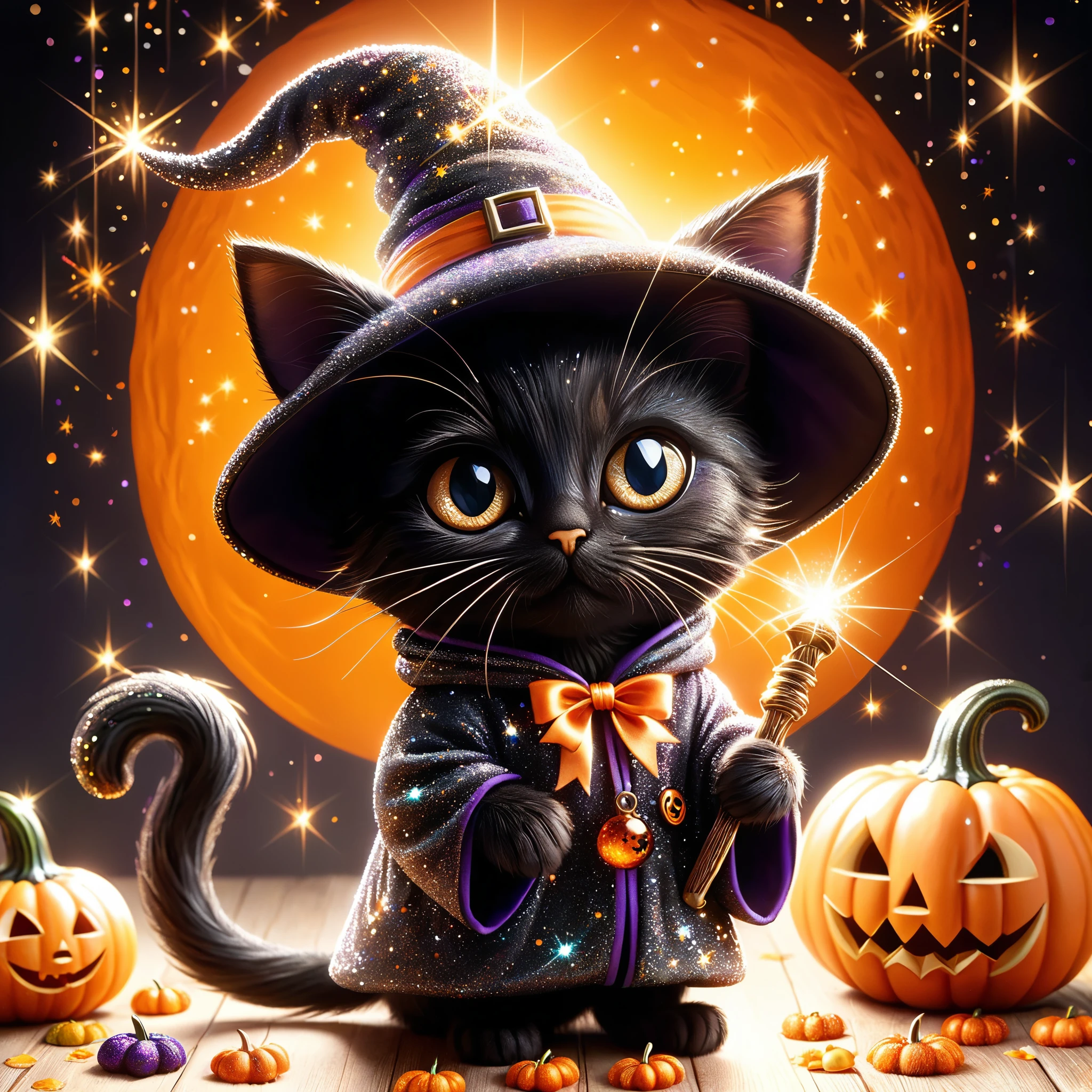 Envision a delightful scene full of Halloween charm, centred around an irresistibly cute black kitten who embodies the spirit of Halloween, (Wizard dressing gowns:1.3), adorned with a whimsical witch's hat and an elongated magic wand, exploring a world adorned with enchanting details Like a visual symphony, the atmosphere conveys a sense of playful magic, amplified by twinkling stars and sprinkles of glitter, contributing to a cute and enchanting tableau that embodies the warmth and joy of Halloween night.