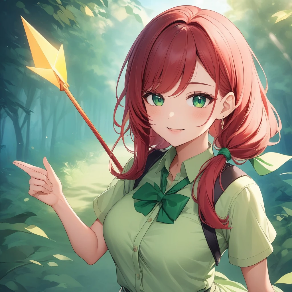 Anime woman flying , red hair tied up , green  eyes holding a luminous arrow that she shoots at a flying monster in a forest in the daytime in digital styleدقة عالية, علم التشريح صحيح, أفضل جودة, عمل رائع, ذيل حصان قصير, 