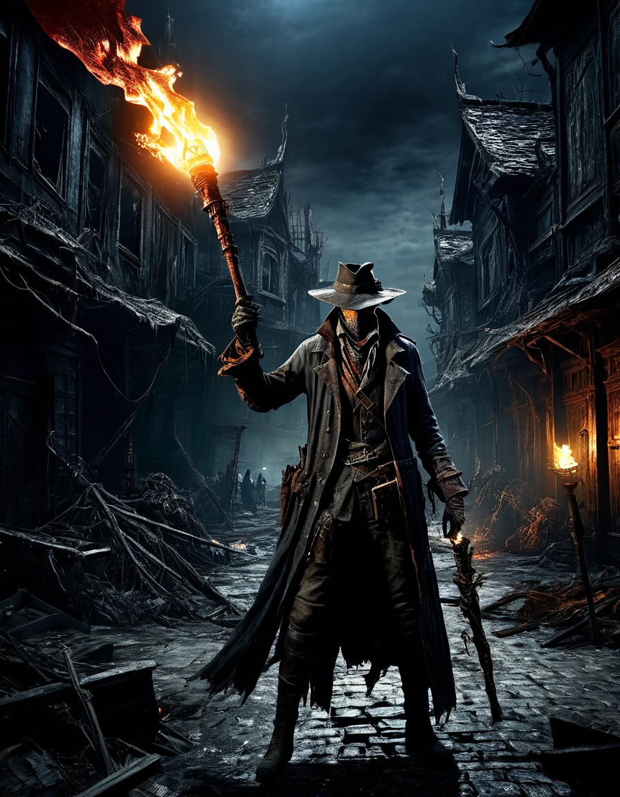  Bloodborne style hunter with a torch in his left hand ,  左手に松明を持つ、background, Abandoned city、 Dark Fantasy Art ,  Best Quality ,    Wide Shots  , Ultra Wide Angle, 