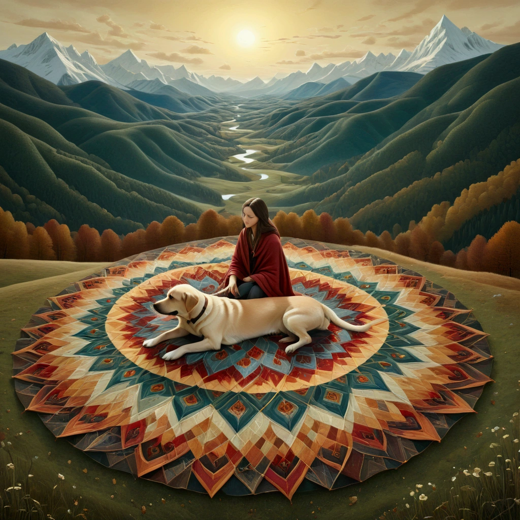 Colorful acrylic art walking, rough dough in the style ofAmanda Clark, Jacek Yerka, Benjamin Lacombe and Amanda Sage. In a clear autumn clearing, a woman, with her labrador dog, brown, is sewing a large patchwork blanket with irregular triangular wefts in warm colors, brown ochre and red. In the background large valleys with high snowy mountains, white, blue, green textures . Solar disk, with irregular rectangular plots. Long field
