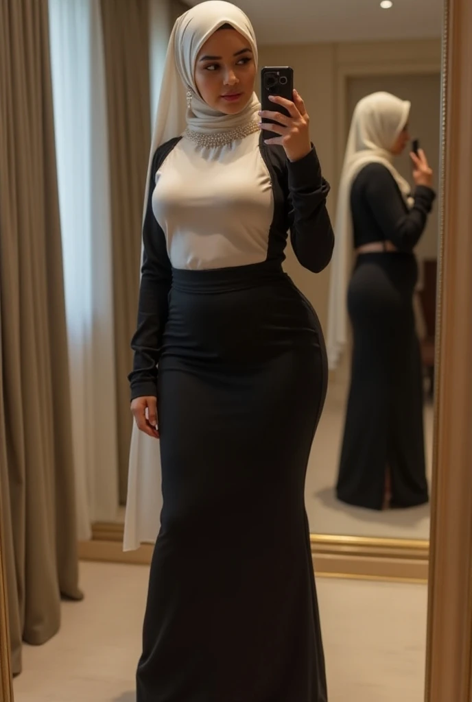 A woman indonesian-chinese 25 years old, wearing hijab, beautiful hijab, sensual lips, wearing long tight dress, clothes covering the body, curvy body, bbw, big breast, the day, 