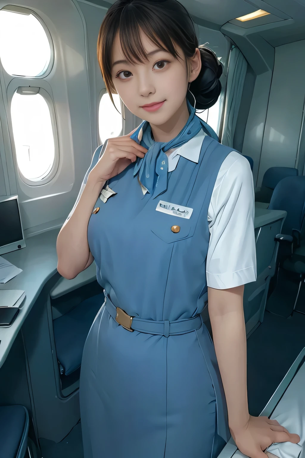 (masterpiece:1.2, Best Quality:1.2), 32kHDR,  high definition, (Alone、 1 girl)、（Rooftop of a building during the day、 professional lighting）、Building rooftop background、（ Realistic Style Japan Air System Flight Attendant Uniform Blue ）、（（Japan Airlines System Flight Attendant Uniform Blue Jumper Skirt with Pockets and Buttons on Both Sides、 white short sleeve blouse  、 Light Blue Vest with Waist 、Scarf around the neck））、Dark brown hair、（Long Hair、Hair tied up、Hair tied up）、Dark brown hair、Long Hit、Big Breasts、Thin legs、（（Great hands：2.0）），（（ Harmonious Body Proportions ：1.5）），（（Normal limbs：2.0）），（（Usually refers to：2.0）），（（ Delicate Eyes ：2.0）），（（Normal eyes：2.0））)、smile、（Japan air system cabincrew uniform blueを見せた美しい立ち姿）、Hands crossed underneath 