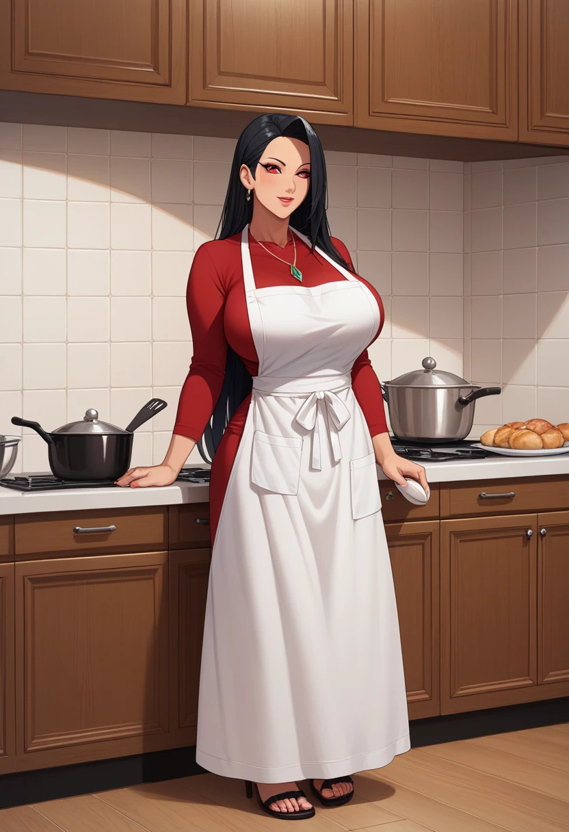 (Best quality, 8k, masterpiece: 1.3), a beautiful mature woman with perfect figure: 1.4, naruto, Kurenai_Yuhi, dark black hair, Long Hair, Red Eyes, wearing a pendant, wearing a transparent apron, in the kitchen, highly detailed face and skin, detailed eyes, double eyelids, Huge Natural breasts, standing near kitchen table, full body