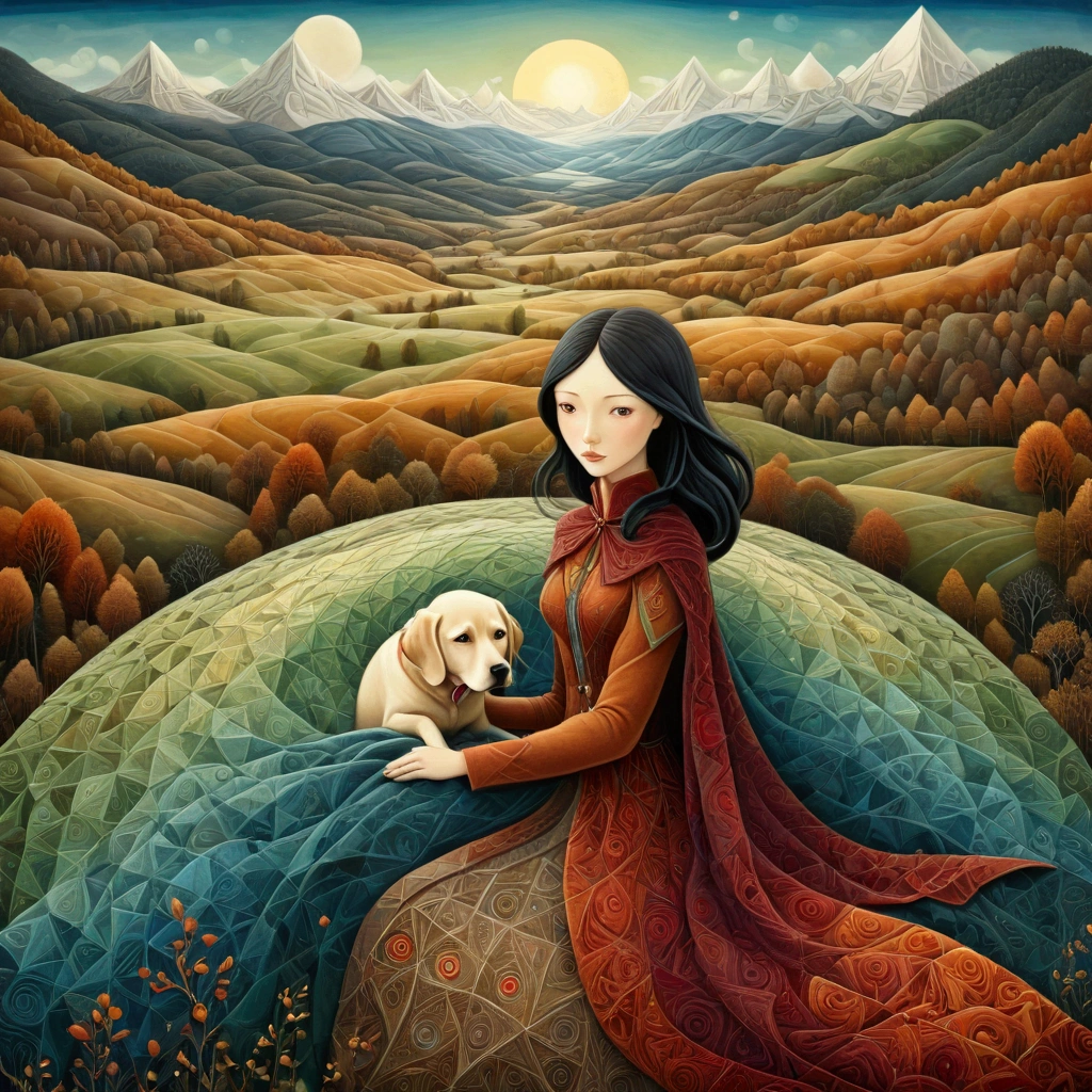 Colorful acrylic art walking, rough dough in the style ofAmanda Clark, Jacek Yerka, Benjamin Lacombe and Amanda Sage. In a clear autumn clearing, a woman, with her labrador dog, brown, is sewing a large patchwork blanket with irregular triangular wefts in warm colors, brown ochre and red. In the background large valleys with high snowy mountains, white, blue, green textures . Solar disk, with irregular rectangular plots. Long field
