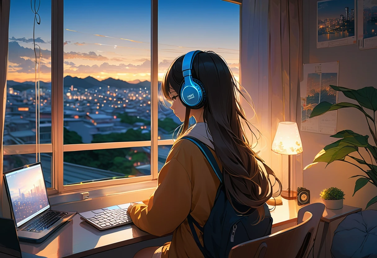 Beautiful girl studying in her room while listening to music with headphones、long hair、Warm indirect lighting、Beautiful cityscape from the room window、Japanese anime style、