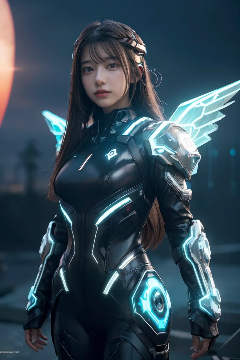 ((masterpiece, best quality, extremely detailed), volumetric lighting, ambient occlusion, colorful, glowing), 
1girl, solo, young girl, (dark hair), long hair, halo, aura, sacred, godness, cyber suit, (black outfit:1.3), android, bot, cybernetic wings,
outdoors, sunset, sky, clouds, space, (cyberpunk theme:1.2),