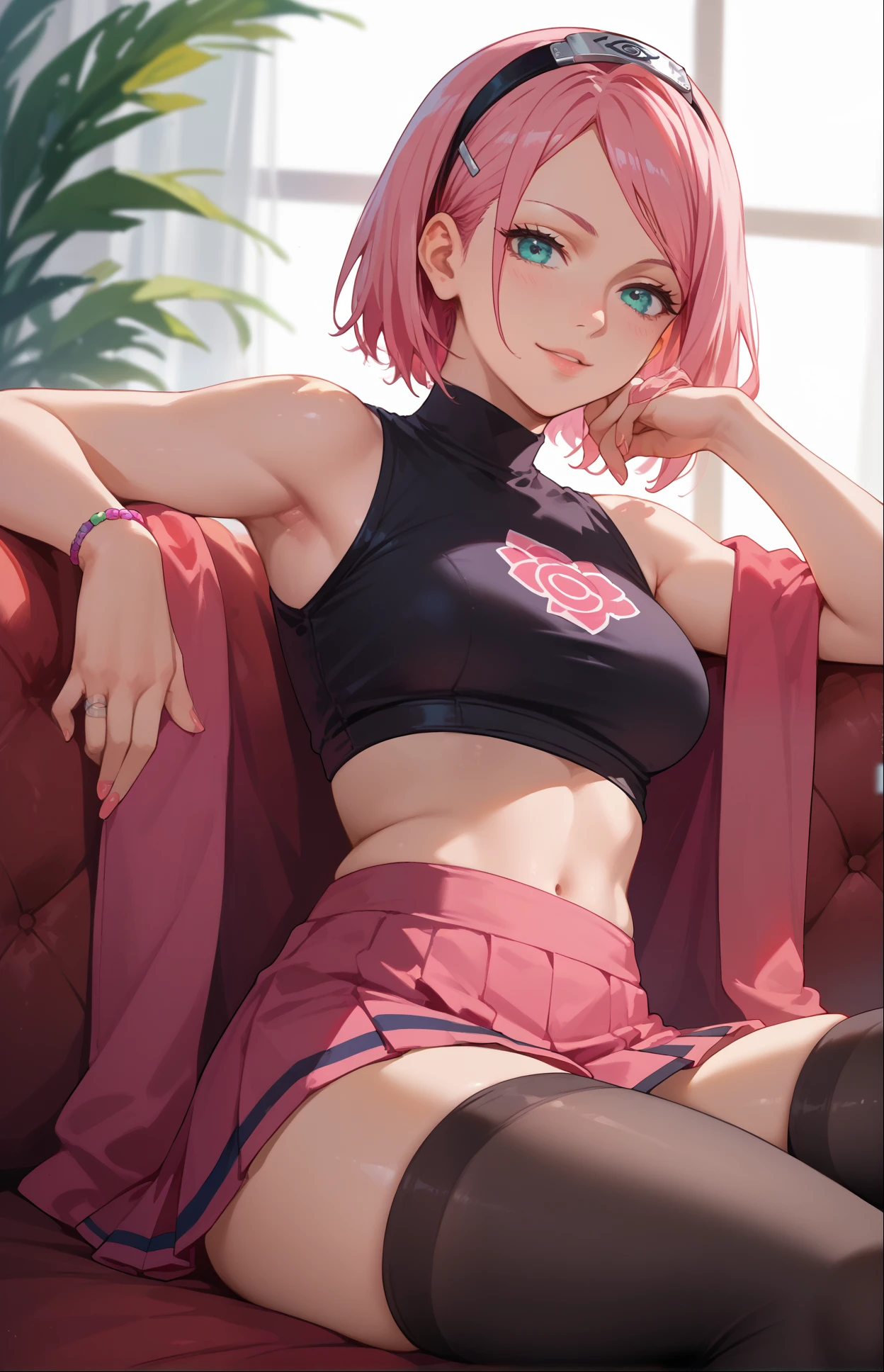 1girl, 4k, sakura haruno, anime style, vibrant colors, masterpiece, pink hair, sitting on a couch in a living, black top, short skirt, black stockings, sexy pose, close up,