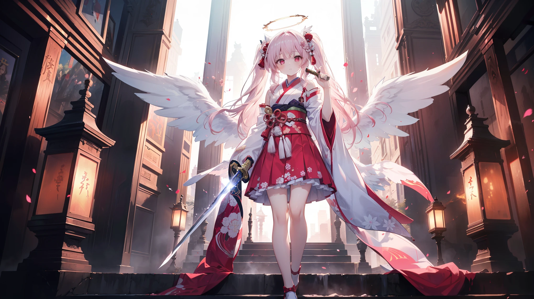  High image quality , masterpiece, Delicate hair,  Delicate Eyes , Delicate hair, ((masterpiece, 最 High image quality )),  High image quality , masterpiece, Delicate hair,  Delicate Eyes ,(Photo Original)， one girl playing pranks，   full body description much larger than a skyscraper ，((pink))，   BEAUTIFUL GIRLS, ((pinkのLong Hair)),    twin tails, ((red eyes)), ((Red Angel Wings)),((Effects of fire on wings   )), Realist, face, (( small breasts)), ((Great Sword)), ((Shrine maiden costume)), ((Outside the shoulder))，(( he holds a Japanese sword in his right hand .))，((red halo))，  red gauntlet  , Bare Shoulder,  、((  raising a sword in the air ))，gem、Bustier、   red skirt   ，     miniskirt in length  , that&#39;that&#39;Ridiculous., Short Strap,      depth of the written border    ,   Kampala  ,    very detailed ,student,    pieces that capture your whole body from afar  ,  movie lighting , Daikon,Long Hair,(loose Long Hair),   upper body,Ruins,    Strong Shadow   ,Ash,((Ink wAsh painting)),((ink splAshing)),((color splAshing))