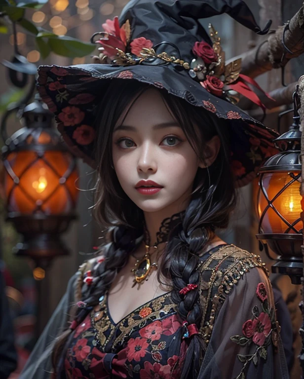 highest quality, masterpiece, Attention to detail, Intricate details, Realistic, Mysterious Halloween woman with bright expression, Spooky atmosphere