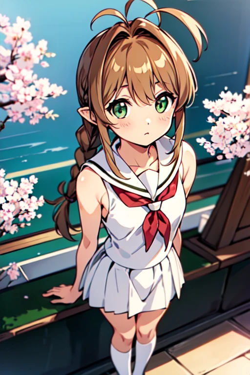 kinomoto sakura,cardcaptor sakura,little,,green eyes,antenna hair,light brown hair,hair intakes,bangs, card medium, close shot,looking at viewers, arms behind back, neat figure, girl, young, absurdly long hair, extremely detailed cute anime face, sleeveless dress,extremely detailed CG unity 8k,

(1girl:1.3), (teenage:1.2), (solo:1.0), (green eyes:1.2), (light brown hair:1.2), (ahoge:1.0), (braid:1.1), (twin braids:1.0), (white sailor collar:1.0), (black neckerchief:1.0), (white school uniform:1.3), (open red coat:1.1), (white pleated skirt:1.1), (white socks:1.0), (white shoes:1.0), (kinomoto sakura:1.3), (cardcaptor sakura:1.2), (standing:1.2), (pointy ears:0.8).Steps: 43, Sampler: DPM2 a Karras, CFG scale: 8.5, Seed: 7894561, Size: 512x768, Model hash: fc2511737a, Model: Chilloutmix-Ni-pruned-fp32-fix