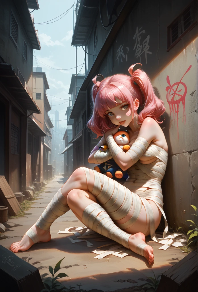  young woman,  sexy,   Perfect Anatomy ,   a mummy-girl\(a mummy, whole body white bandaged ,  all over her face in white bandages ,hair\(black base and pink dip-dye hair,twintails,floating, rolled , learn more,brilliant\),sits on the ground,breast, looks at the viewer ,\)  hugging a doll \(rabbit\(bandaged a mummy,Evil\)\).background\(on the alley ,Harajuku\(Tokyo,Japan\),at night,Dark\).quality\(8 k,wallpaper of extremely  learn more CG unit,  high definition , top-quality, top-quality real texture skin,  hyperrealistic ,  increase resolution ,  Raw photos, best quality, highly  learn more, wallpaper,golden ratio, high intensity realism ,  bright colors,  dramatic lighting ,  compelling narrative , атмосферный landscape,   captivating visual effects ,  intricate details , strong emotions,fairy tale world\).landscape  , bright colors, 8 thousand.,   Complex details , максимальное quality,    The dim dark outline of graffiti   , 