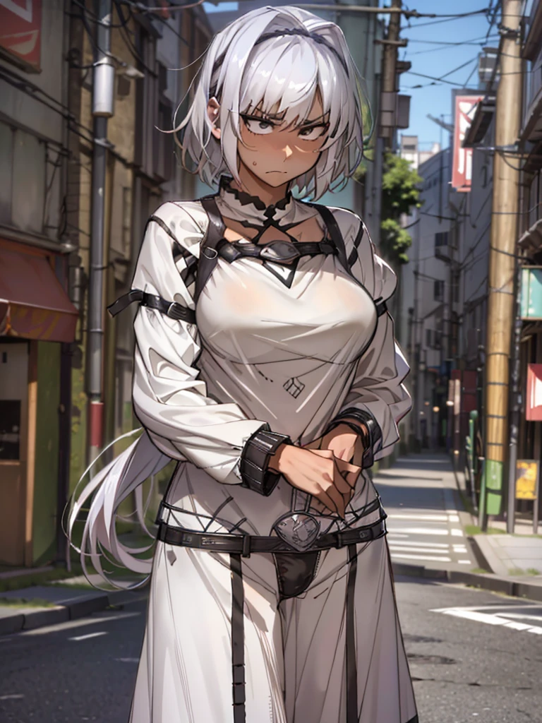 (​masterpiece, top-quality, hight resolution, Unity 8k, extremely details CG:1, Best Picture), upper body, 1girl, caenis, silver hair, korotsuke style, A woman standing on a quiet street corner at night, just after the protagonist had earnestly asked her to let him fuck you. She looks surprised and a little flustered by his outrageous but sincere request. Her expression is a mixture of mild surprise and awkwardness; she is surprised, but manages to accept the situation.